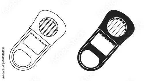 Kitchen Gadgets Duo: A simple line drawing and a solid black silhouette of a compact kitchen tool, possibly a bottle opener or a unique kitchen gadget, presented side-by-side for comparison.