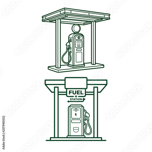 Vintage Gas Station And Retro Fuel Pump Vector Icon Set With Petrol Filling Service Station Line Art Illustrations