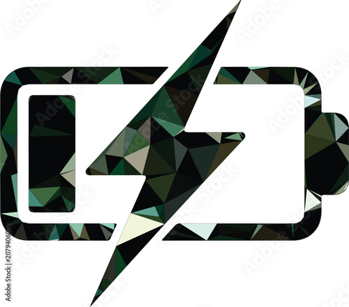 Low poly battery with a lightning bolt symbol, filled with dark green and black triangular shapes