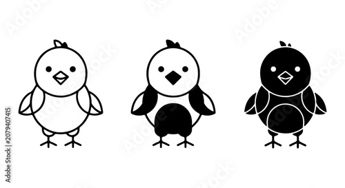 Bild auf Leinwand Cute Chick Icons, Baby Bird Vector Graphics, Simple Outline and Silhouette Style