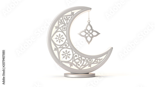 Elegant white crescent moon decoration with intricate patterns and hanging star ornament for Islamic holidays.