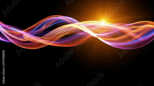 Abstract light wave background, smooth flowing energy lines with golden lens flare, cinematic motion graphic for presentation, elegant digital stream concept.