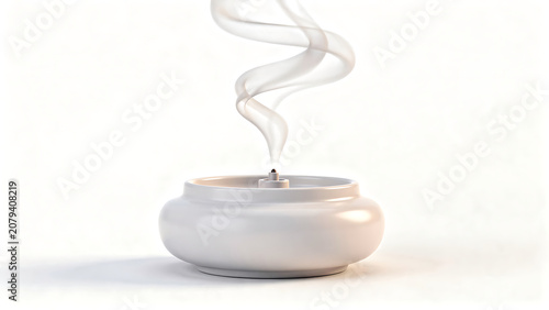 A white ceramic candle holder with an extinguished wick and a delicate wisp of smoke rising upwards on a clean white background.