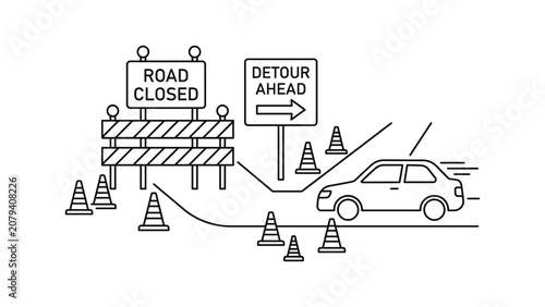 Outline drawing of a car driving past a road closed and detour sign.