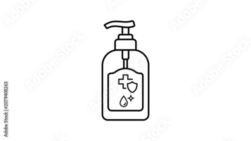 Outline illustration of a hand sanitizer bottle with protective shield and drop icons.