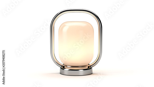 A modern, sleek portable table lamp with a glowing white light and a polished metallic frame.