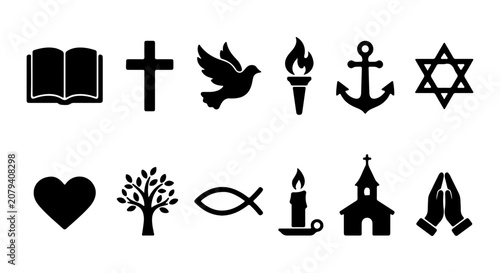 Religious Symbols Vector Icons Set, Faith and Spirituality Icons, Christian, Jewish, Spiritual Icons