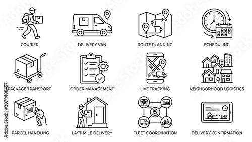 Set of logistics and delivery service line icons.