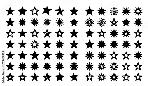 Collection of diverse black star shapes and starbursts for graphic design