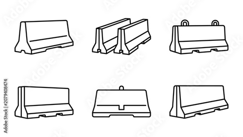 Set of concrete road barrier icons for traffic management and construction safety.