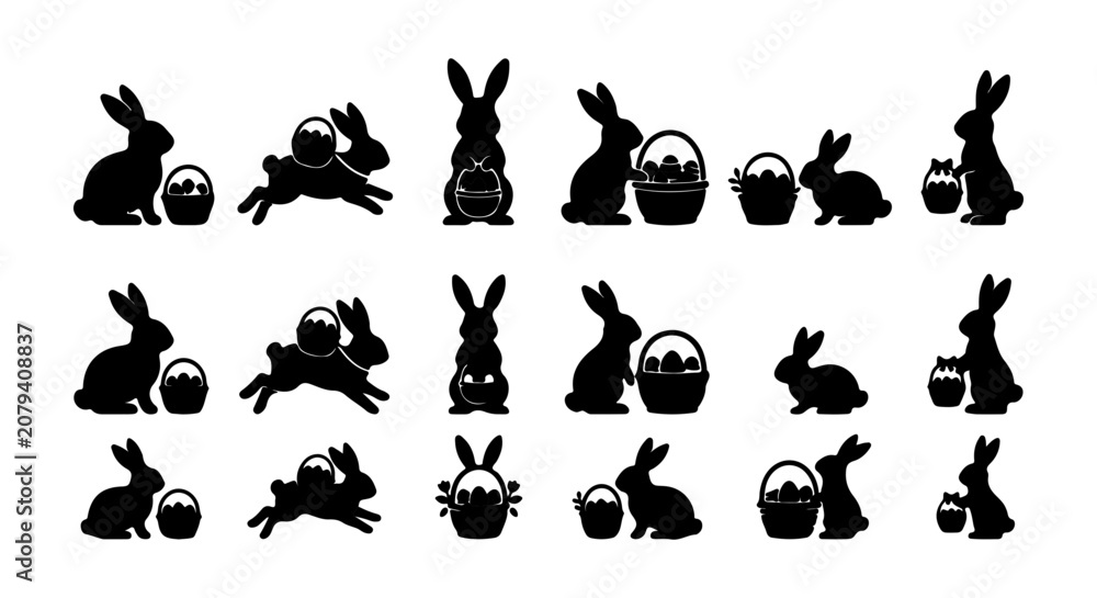 Fototapeta premium Easter Bunny Silhouettes, Festive Rabbit Icons with Baskets, Spring Holiday Vector Graphics Collection