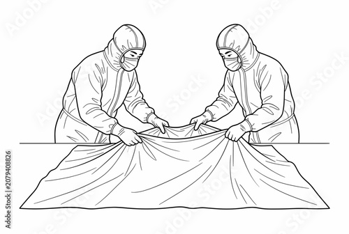 Two Medical Workers in Hazmat Suits Handling a Body Bag
