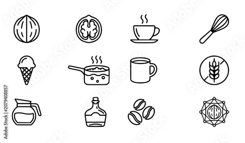 Photos Modern Food and Beverage Line Icons Set with Walnut Coffee Cooking and Gluten Fr