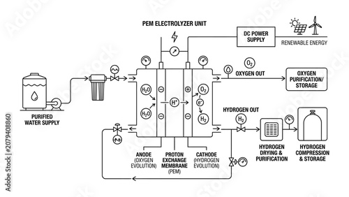 Technical Diagram of a Proton Exchange Membrane PEM Electrolyzer System.