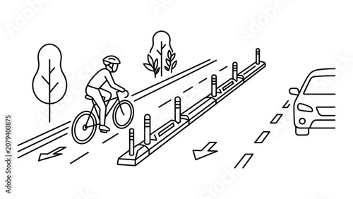 A line drawing illustration of a cyclist riding on a protected bicycle lane next to a car road.