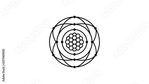Abstract atom structure icon with a dense nucleus and orbiting electron paths.