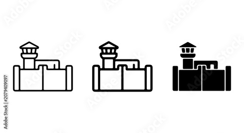 Foto Prison Building Icons, Jail Fortress Vector Graphics, Security Facility Symbols,