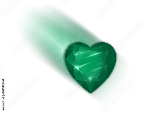 Bright emerald isolated heart, sparkling emerald gemstone, and highlights on a white background. Vector illustration.