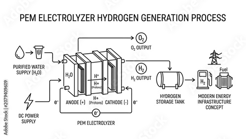 Diagram of a PEM Electrolyzer Hydrogen Generation Process.
