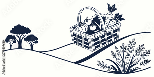 Photos Harvest basket in field graphic illustration with vegetables landscape agricultu
