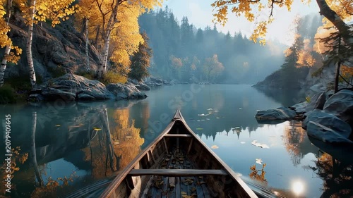 Canoe journey on golden autumn lake, peaceful nature escape and inspirational forest travel adventure background.