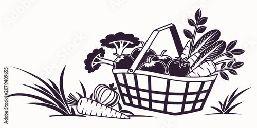 Fotografía Graphic illustration of a wicker basket overflowing with garden vegetables inclu