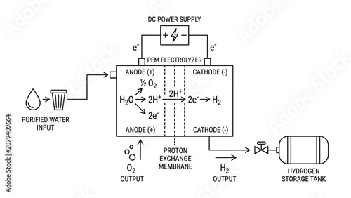 Diagram of a Proton Exchange Membrane Electrolyzer System for Hydrogen Production.