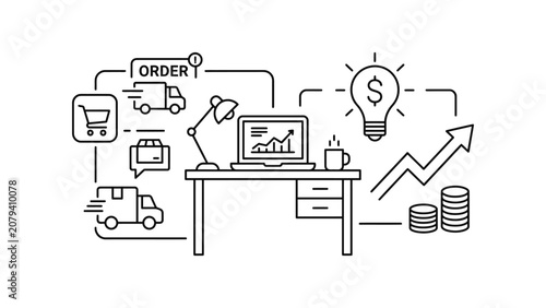 Hand drawn doodle illustration of ecommerce business growth and workflow.