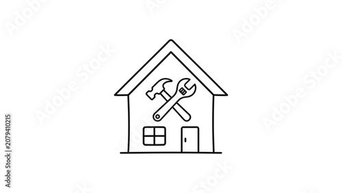 Hand drawn house icon with crossed hammer and wrench tools.
