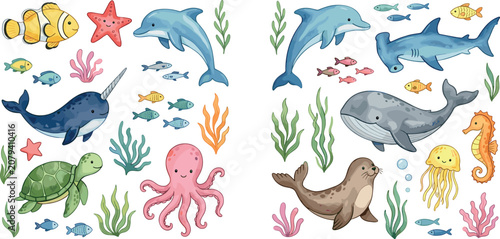 Watercolor Cute Sea Life Animal Collection with Dolphin Shark Whale Octopus Turtle and Coral Reef Elements Vector Illustration for Kids Bathroom Nursery Wall Art Decor