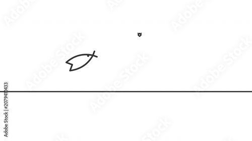 Minimalist line art animation of a fish jumping out of water to catch a fly on white background