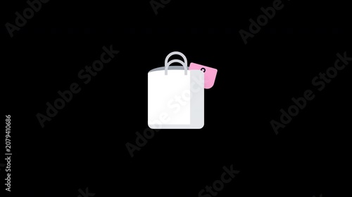 Flat design animated shopping bag with money and discount price tag on black background