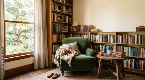 Cozy reading nook with green armchair, bookshelves, and window view of garden