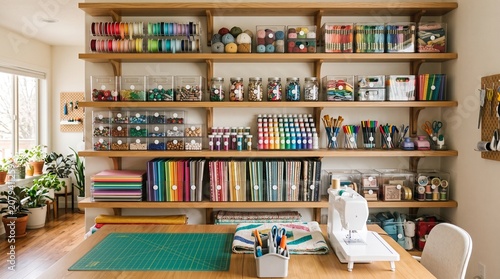 Organized Craft Room with Shelves Full of Supplies and Sewing Machine
