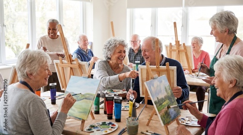 A joyful group of older adults engage in a painting class, showcasing creativity and camaraderie in a bright, inviting studio.
