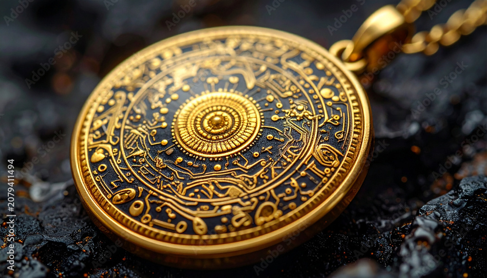 Obraz premium Close-up of an ornate golden medallion with intricate dark and gold engravings, depicting ancient symbols and celestial patterns on a textured dark surface.