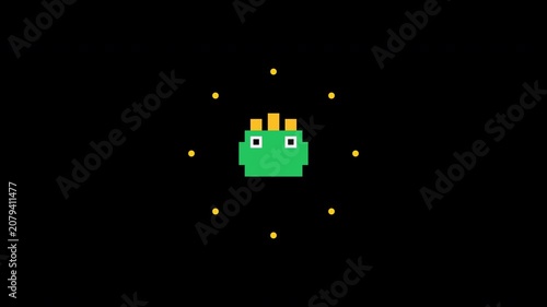 Retro 8-Bit Pixel Art Green Monster Character with Pulsing Yellow Dots on Black Background