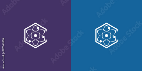 Atom symbol logo design with a hexagon shape and a letter C.