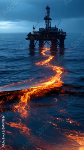 Ocean oil spill background, massive environmental pollution and industrial disaster concept, oil rig drilling catastrophe, ecological danger in sea, energy industry crisis.