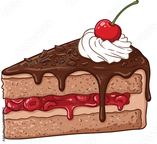 Chocolate Cake Slice Vector Illustration with Cherry Topping, Whipped Cream and Drizzle for Bakery and Dessert Design
