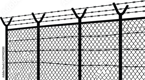 Chain Link Fence Vector Illustration with Barbed Wire on Top for Security and Prison Border Design