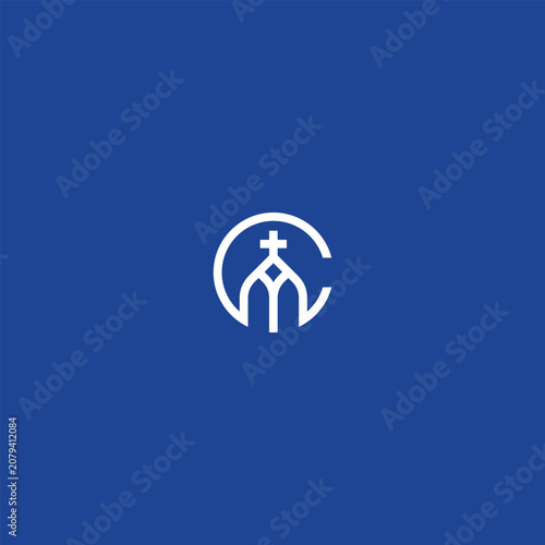 Minimalist Church Logo Design with Cross and Circle on Blue Background.