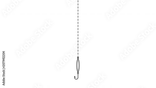 Minimalist line art animation of a fishing hook dangling on a dashed line on white background
