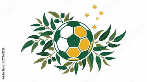 Australia Soccer Crest Vector with Eucalyptus Leaves and Southern Cross Constellation, Australian Football Ball Emblem in National Green and Gold Colors, Sport Apparel Graphic Element