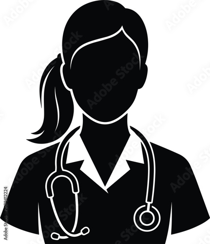 Female Doctor Silhouette Vector Illustration, Woman Nurse with Stethoscope Portrait, Medical Profession and Healthcare Worker Avatar Design