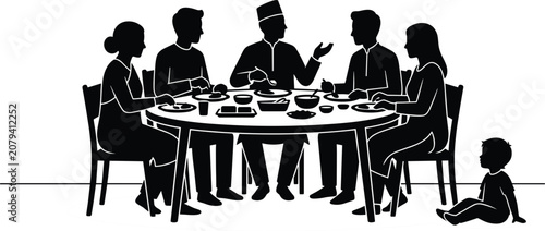 Family Dinner Silhouette Vector Illustration, People Sitting Together at Table Eating Meal with Baby, Gathering and Togetherness Concept Design