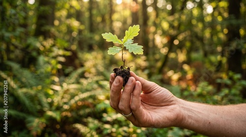 Hands Holding Young Plant Seedling in Soil with Sunlight – Environmental Conservation and Sustainable Growth