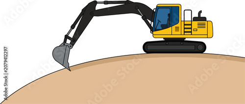 Excavator Vector Illustration, Yellow Construction Machine Digging Ground, Heavy Equipment for Building and Mining Industry Design