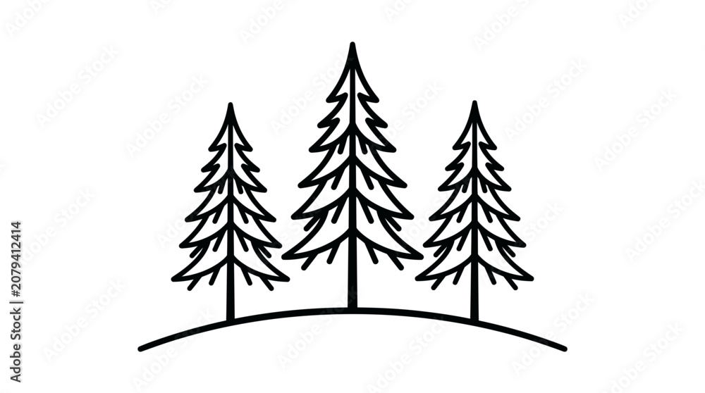 Obraz premium Minimalist Line Art Illustration of Three Pine Trees on a Curved Hillside.