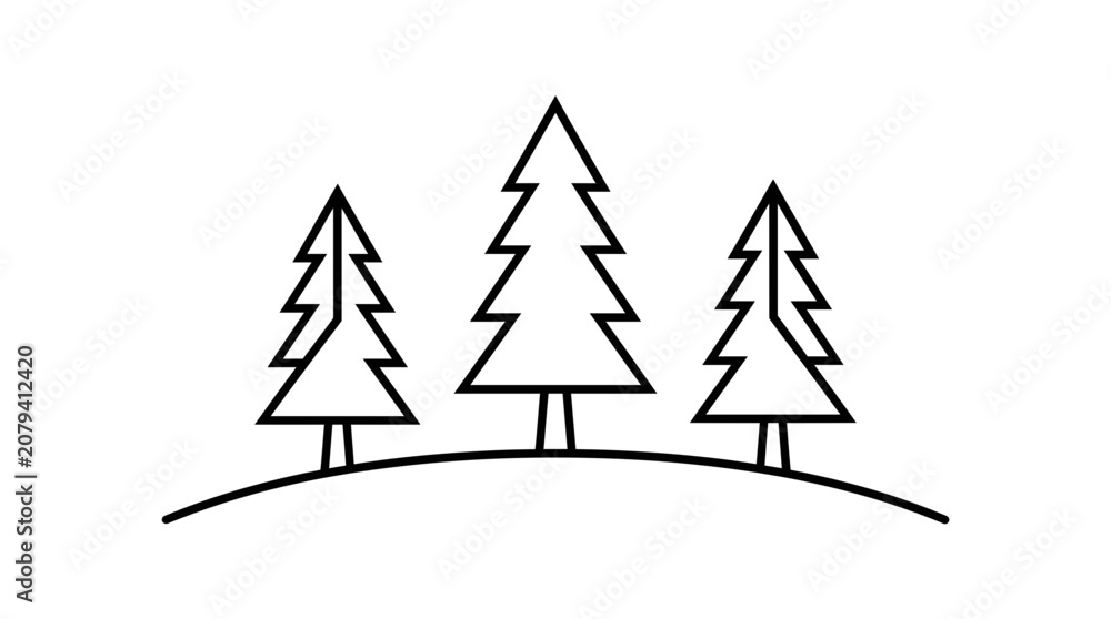 Obraz premium Minimalist outline illustration of three pine trees on a curved landscape.